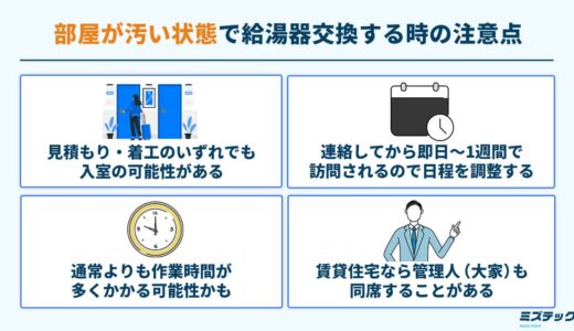 部屋が汚いと給湯器交換できない？片付けの必要性とそのまま依頼する注意点を解説
