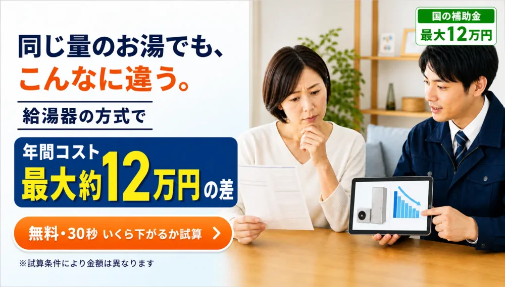 同じ量のお湯でも、こんなに違う。給湯器の方式で年間コスト最大約12万円の差　無料・30秒でいくら下がるか試算　国の補助金最大12万円