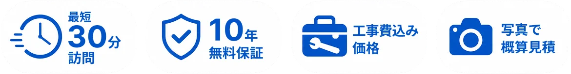 最短30分訪問・10年無料保証・工事費込み価格・写真で概算見積