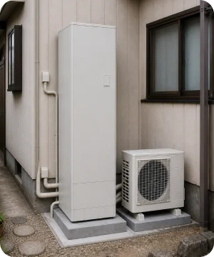 築年数の古い住宅に設置されたエコキュートの貯湯タンクとヒートポンプ