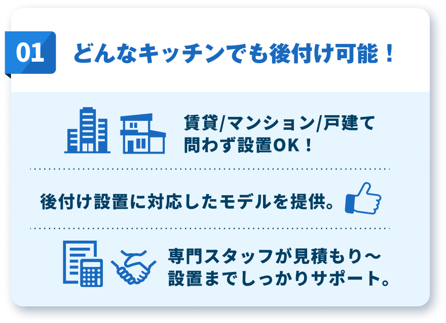 どんなキッチンでも後付け可能！賃貸/マンション/戸建て問わず設置OK！後付け設置に対応したモデルを提供。専門スタッフが見積もり～設置までしっかりサポート。