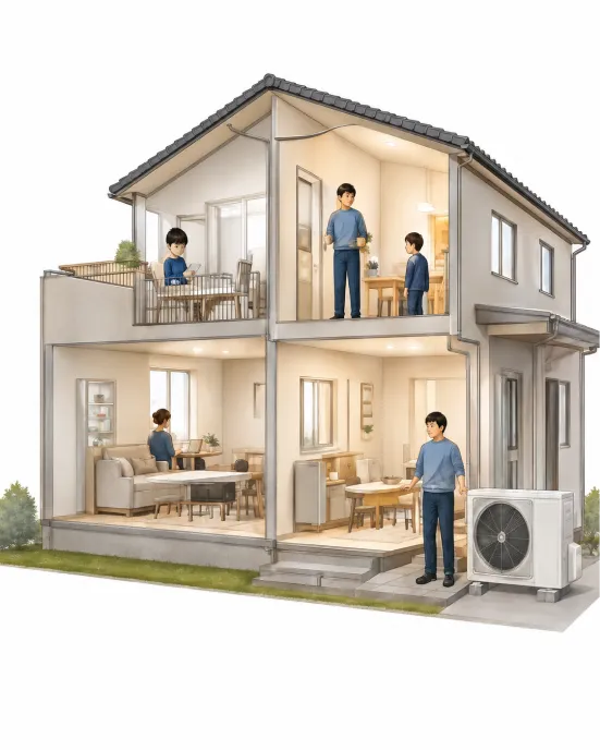 2階建て住宅の断面イラスト。各部屋で過ごす家族と屋外に設置されたヒートポンプ室外機
