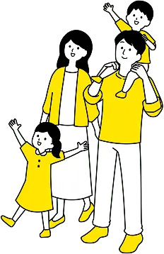 家族4人（父・母・子2人）が明るく手を挙げているイラスト