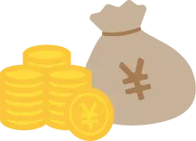 補助金イメージ：円マーク入りの麻袋と積まれた金貨