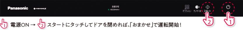 電源ON → スタートにタッチしてドアを閉めれば、「おまかせ」運転